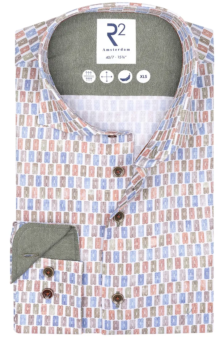 R2 business overhemd slim fit roze printje katoen
