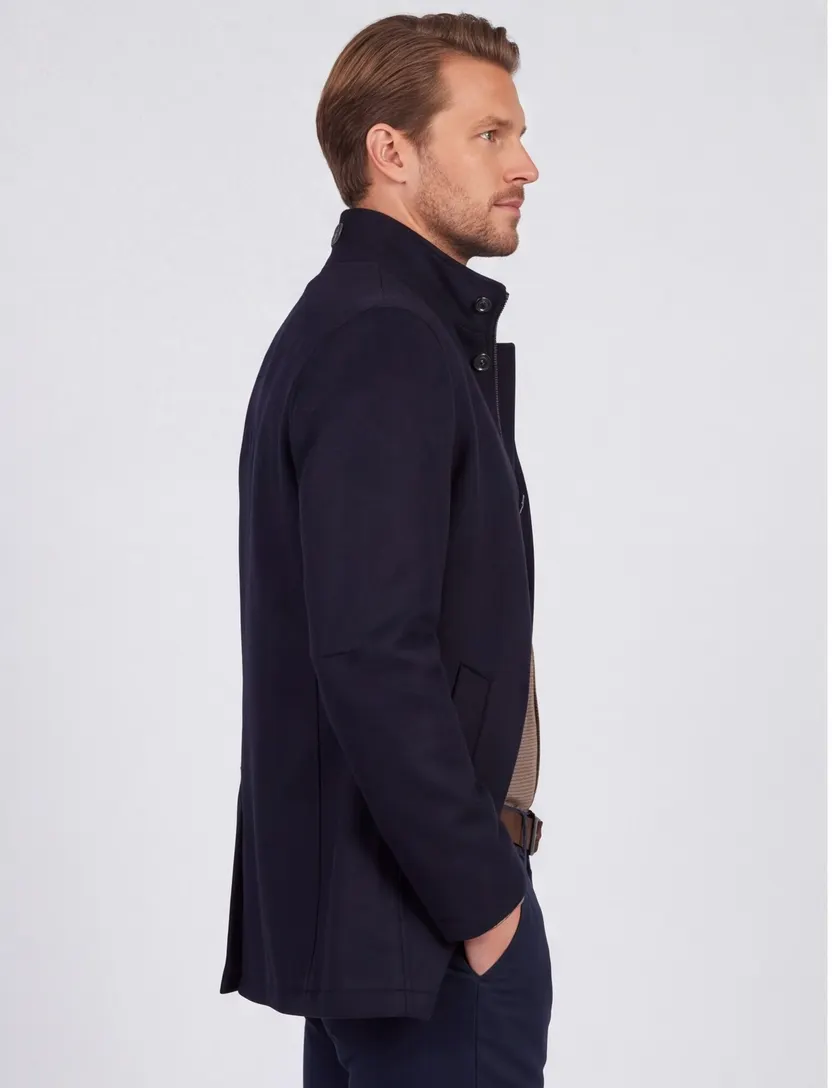 Wellington of Bilmore winterjas donkerblauw knopen normale fit wol en kasjmier