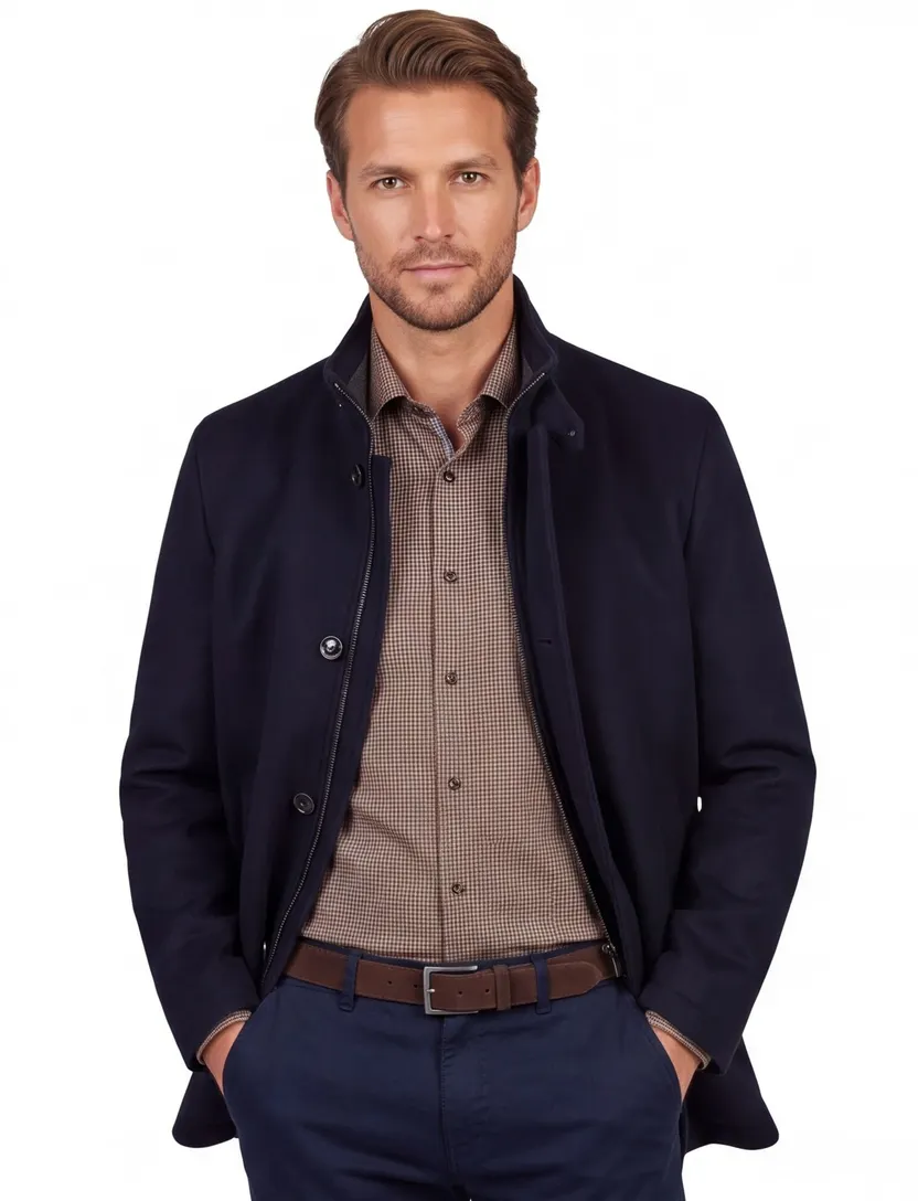 Wellington of Bilmore winterjas donkerblauw knopen normale fit wol en kasjmier