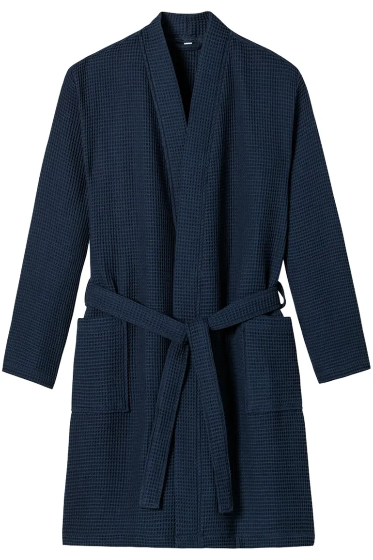 Schiesser badjas donkerblauw wafelkatoen Essentials