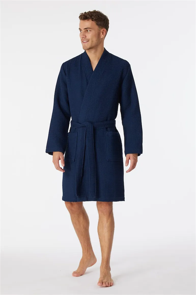 Schiesser badjas donkerblauw wafelkatoen Essentials