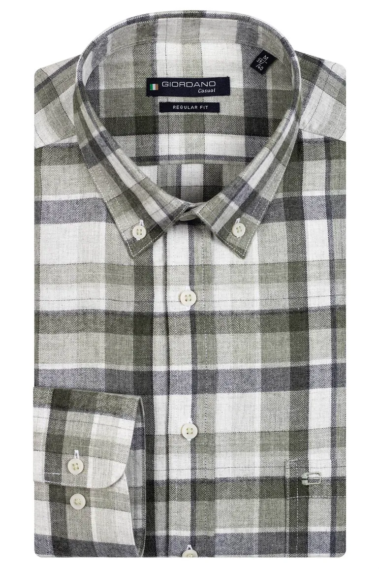 Giordano casual overhemd wijde fit groen geruit katoen-stretch