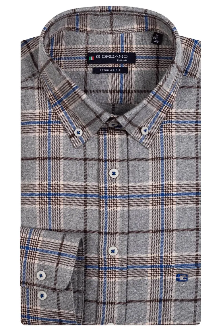 Giordano casual overhemd wijde fit grijs en blauw geruit katoen