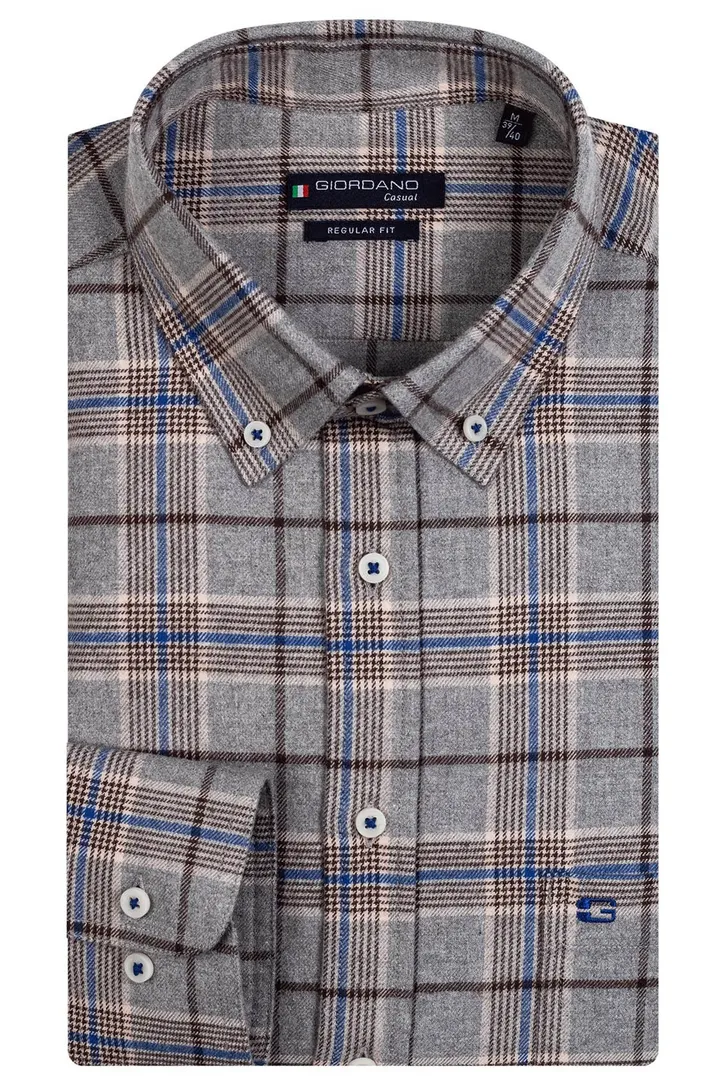 Giordano casual overhemd wijde fit grijs geruit katoen