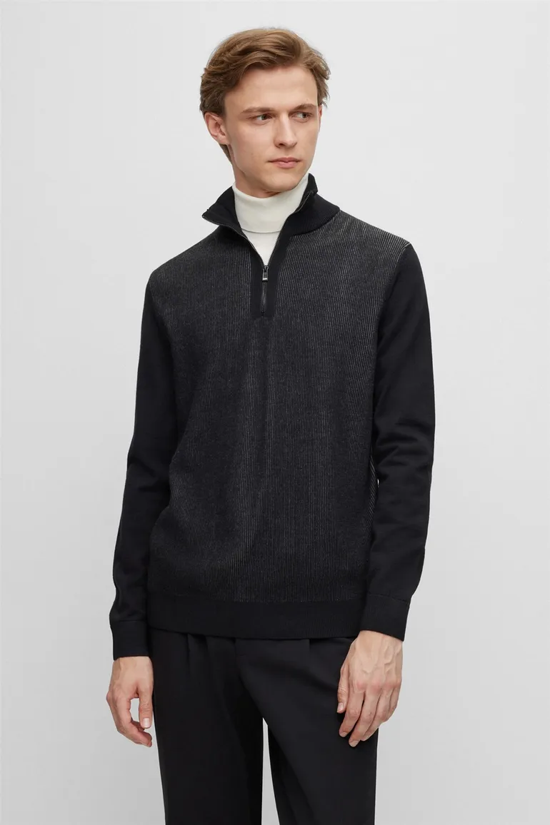 BOSS Black Ofilato half zip trui zwart effen wol