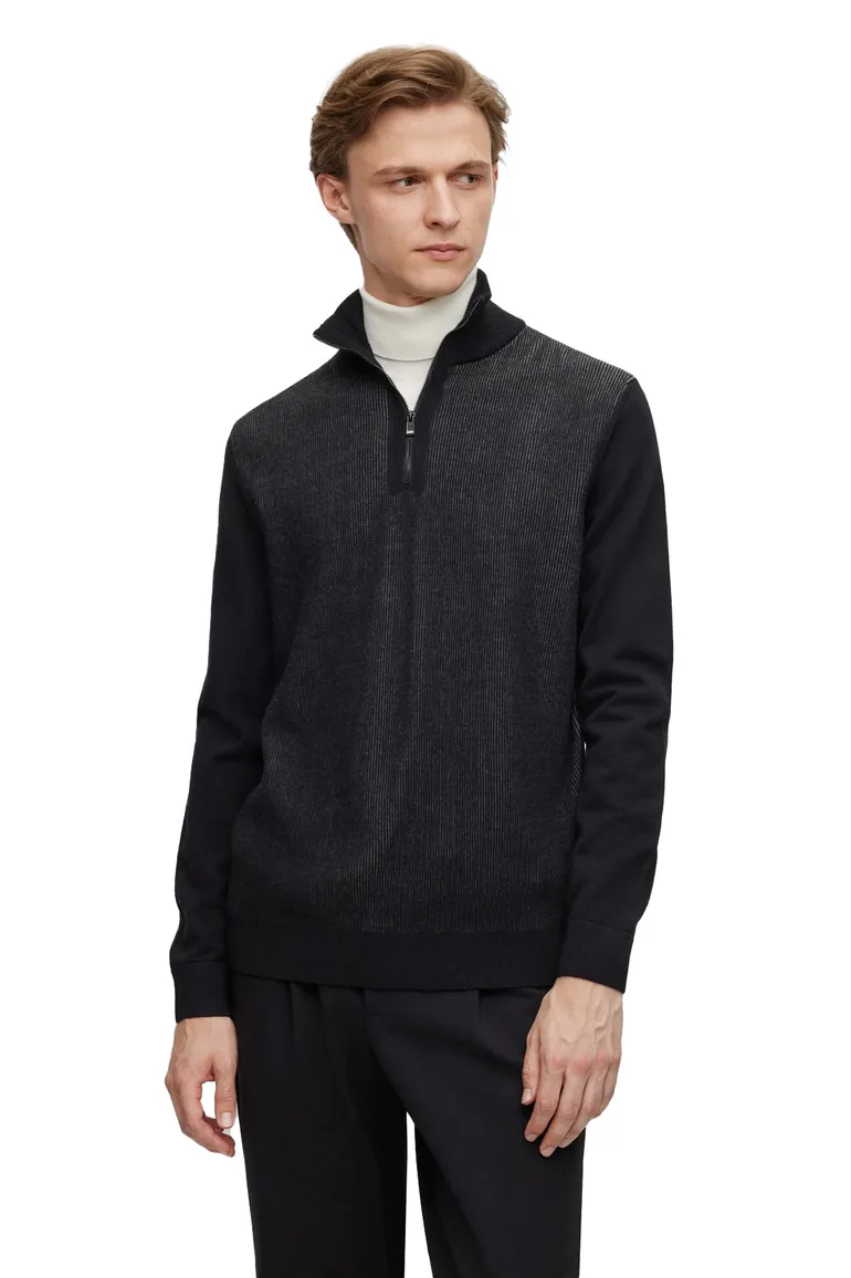 BOSS Black Ofilato half zip trui zwart effen wol
