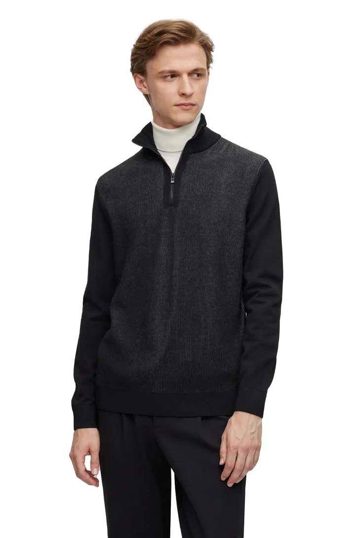 Hugo Boss trui met opstaande kraag zwart effen wol normale fit