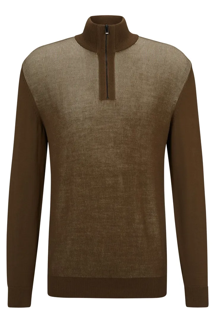 Hugo Boss Black trui opstaande kraag bruin effen wol-katoen