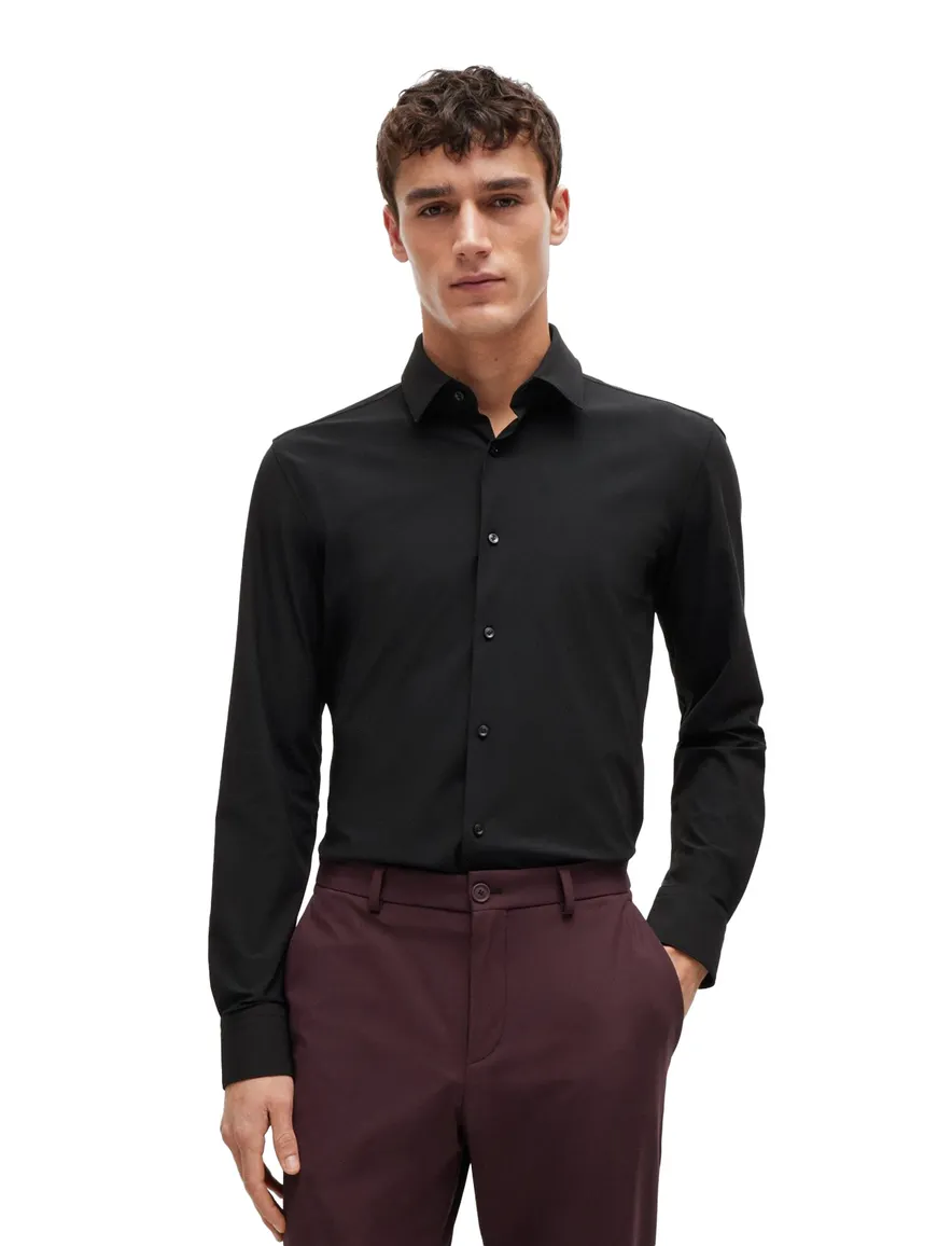 Boss P-Hank overhemd slim fit zwart effen semi wide spread