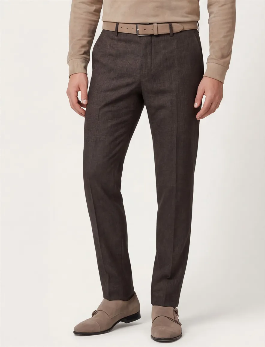 Meyer Bonn Modern Fit flatfront pantalon bruin effen lamswol