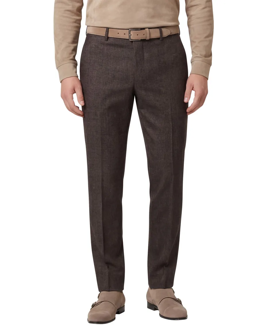 Meyer Bonn Modern Fit flatfront pantalon bruin effen lamswol