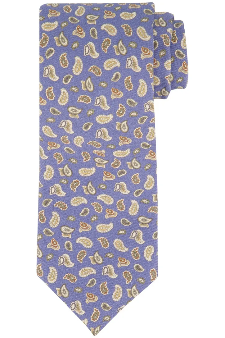 Profuomo blauwe stropdas beige print paisley