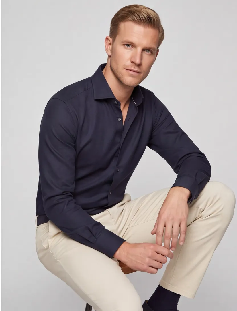 Ledub business overhemd normale fit donkerblauw effen twill katoen
