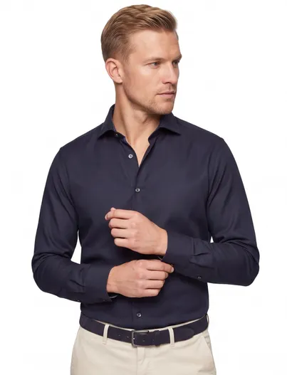 Ledub Ledub business overhemd normale fit donkerblauw effen katoen twill