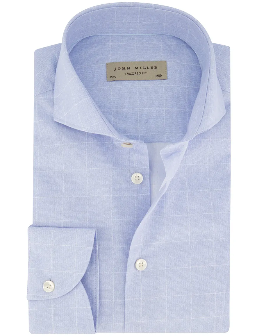 John Miller overhemd Tailored Fit lichtblauw geruit katoen