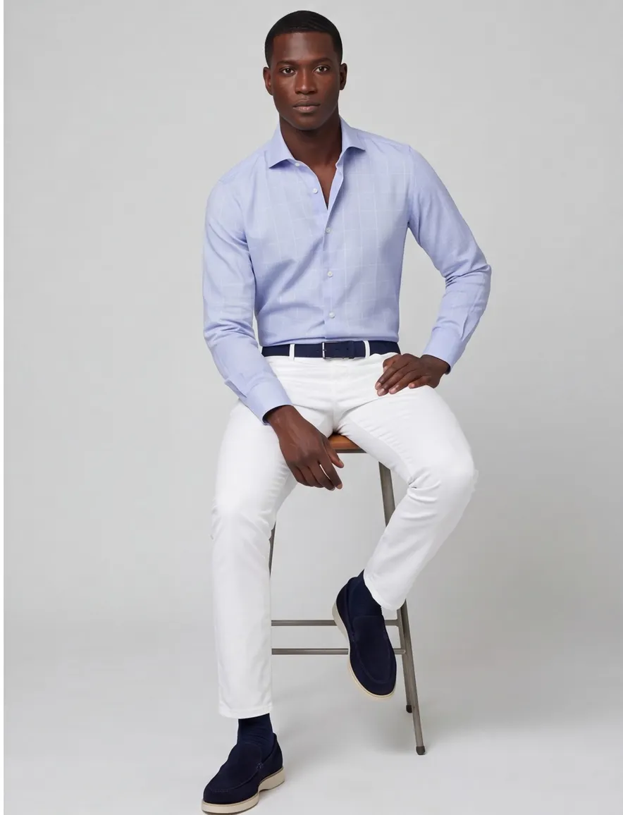 John Miller overhemd Tailored Fit lichtblauw geruit katoen