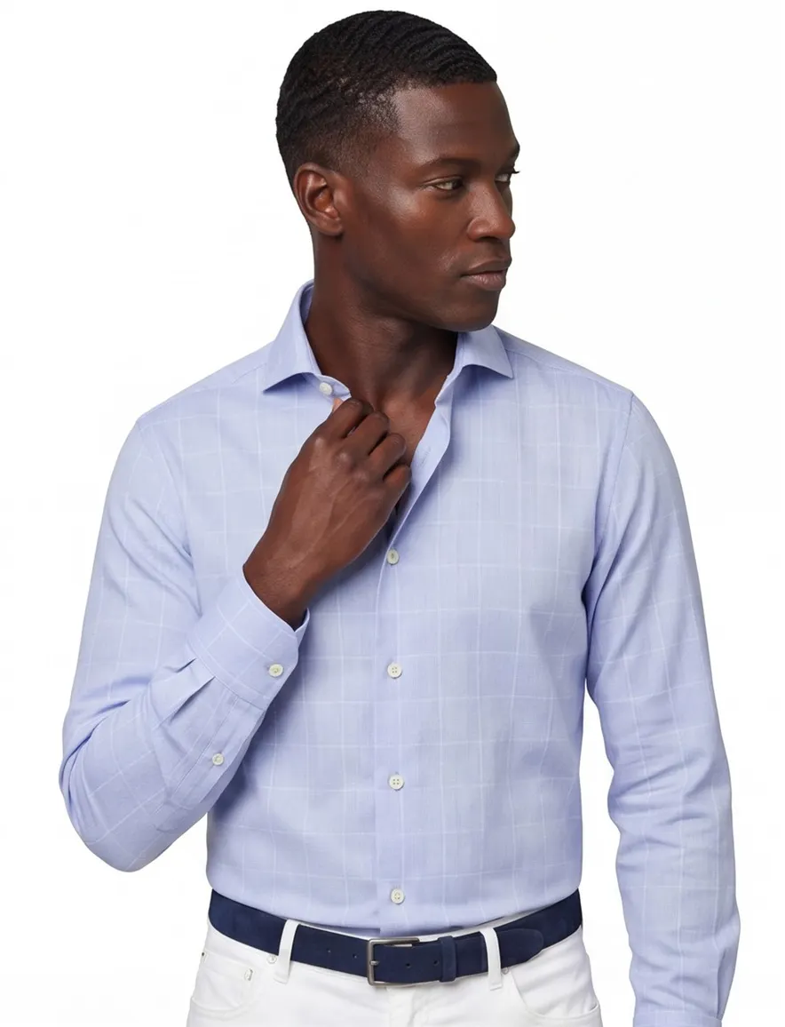 John Miller overhemd Tailored Fit lichtblauw geruit katoen