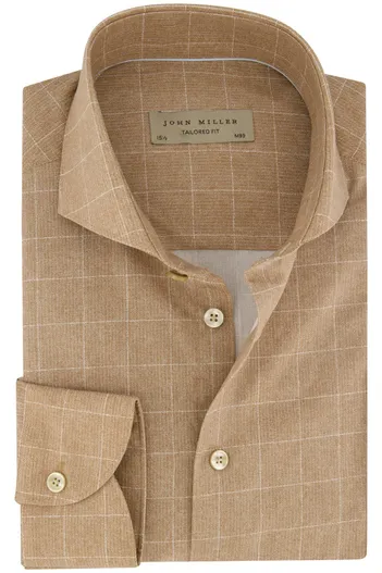 John Miller John Miller overhemd bruin geruit Tailored Fit katoen