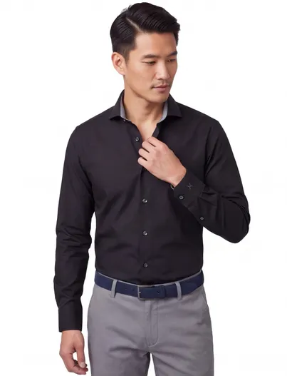 John Miller John Miller overhemd normale fit zwart effen katoen stretch