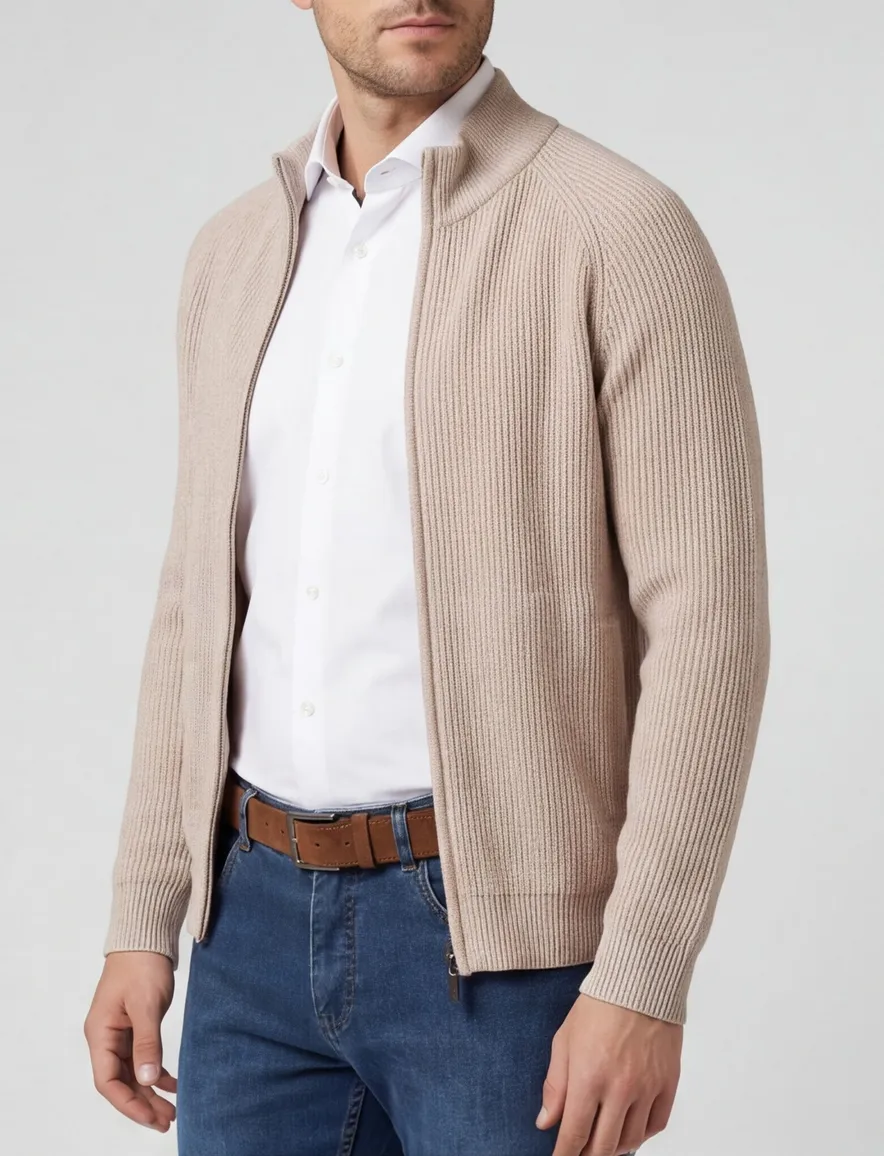 Thomas Maine vest opstaande kraag beige rits effen wol