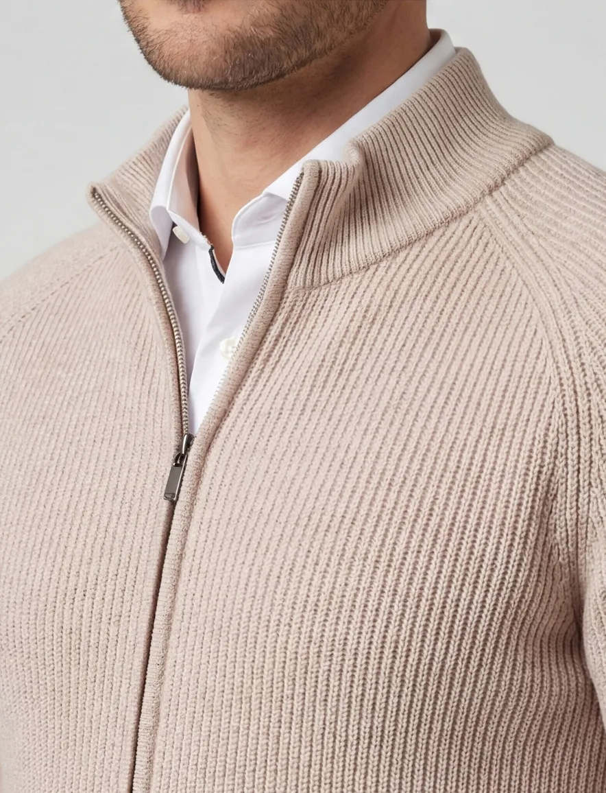 Thomas Maine vest opstaande kraag beige rits effen wol