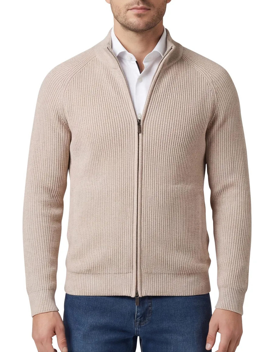 Thomas Maine vest opstaande kraag beige rits effen wol