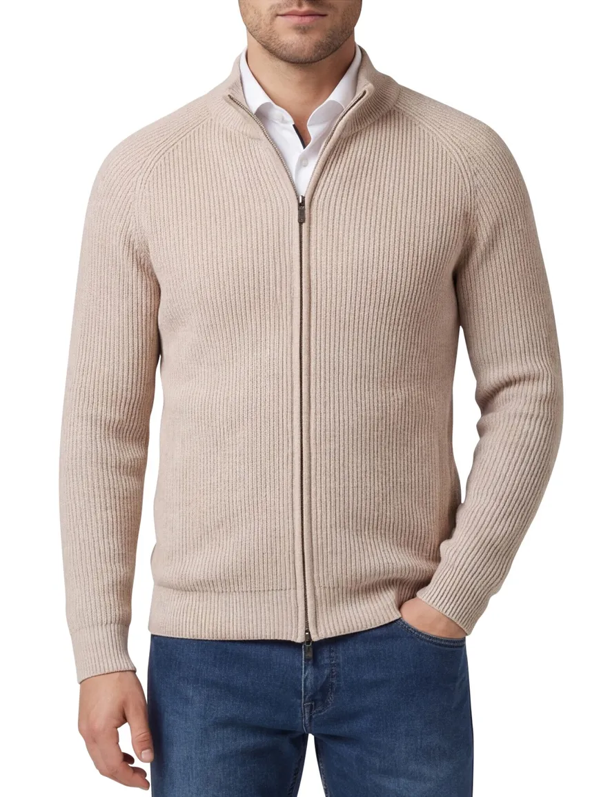 Thomas Maine vest opstaande kraag beige rits effen wol