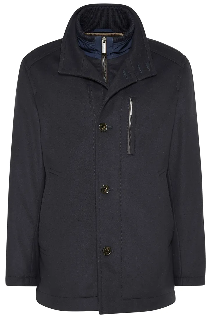 Bugatti halflange winterjas donkerblauw effen rits + knoop wijde fit wol