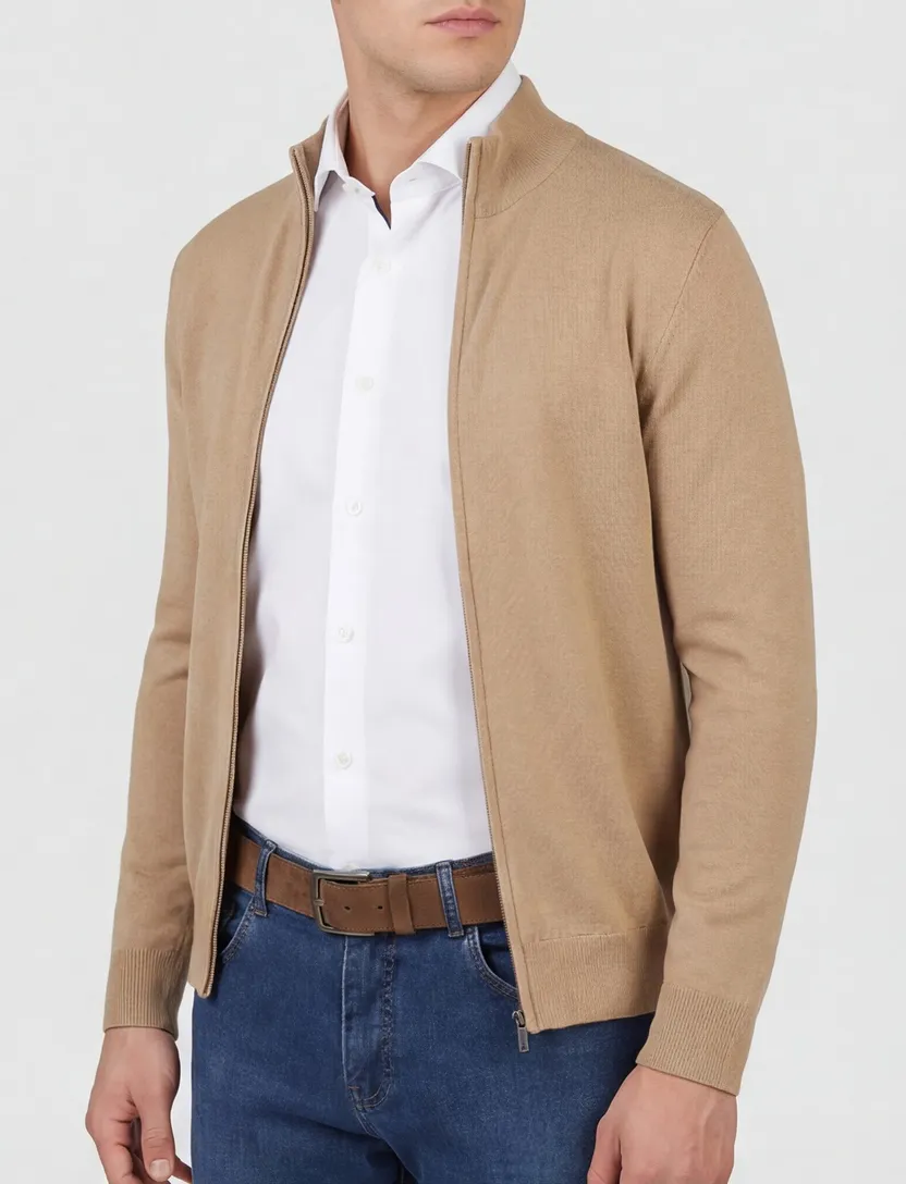 vest Thomas Maine opstaande kraag beige effen merinowol