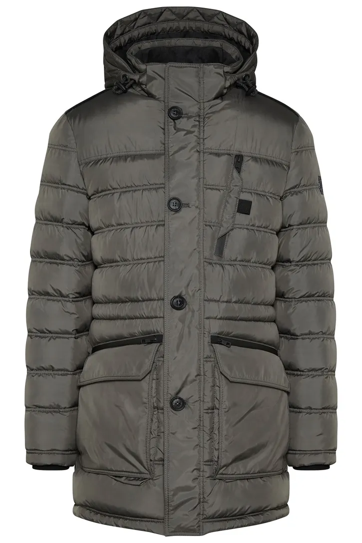 Bugatti lange winterjas grijs effen rits + knoop wijde fit met capuchon