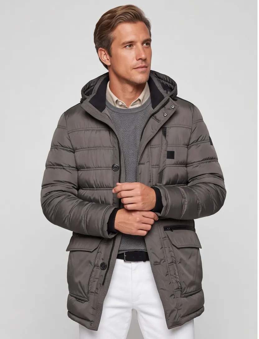 Bugatti lange winterjas grijs effen rits + knoop wijde fit met capuchon
