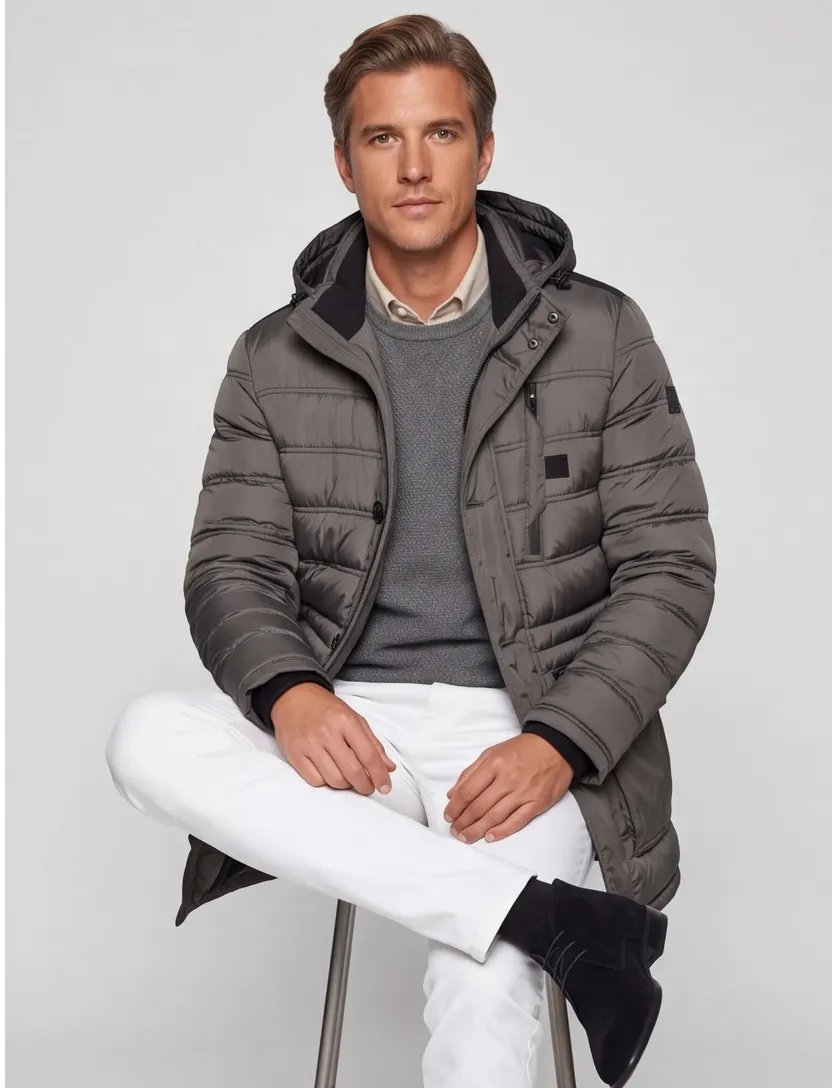 Bugatti lange winterjas grijs effen rits + knoop wijde fit met capuchon