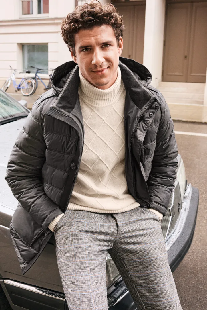 Bugatti lange winterjas grijs effen rits + knoop wijde fit met capuchon