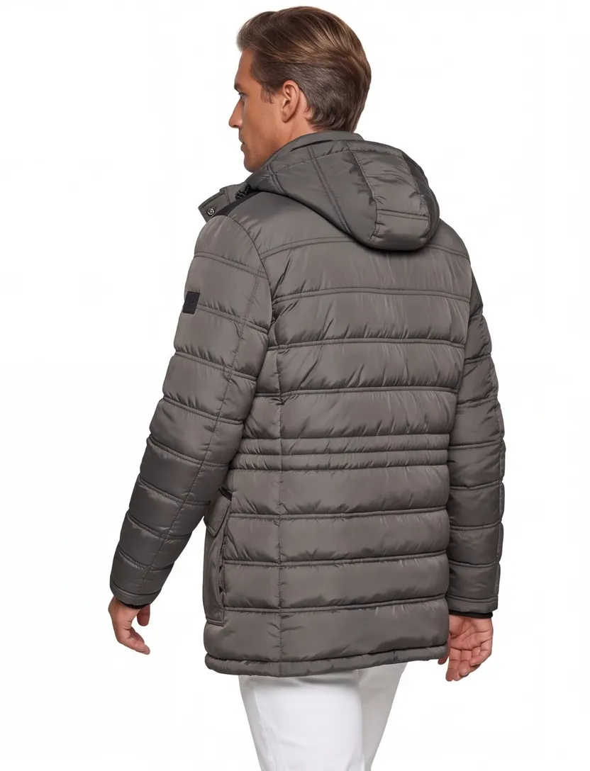 Bugatti lange winterjas grijs effen rits + knoop wijde fit met capuchon
