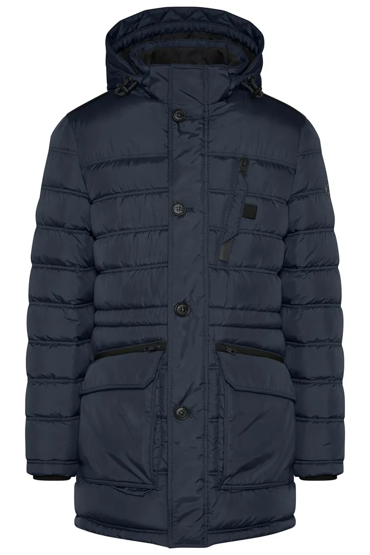 Bugatti lange winterjas donkerblauw effen rits + knoop wijde fit