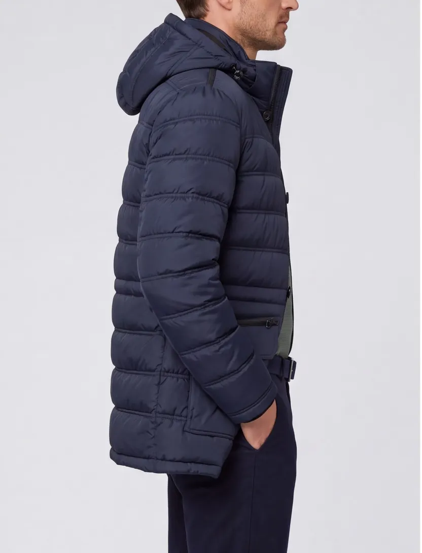 Bugatti lange winterjas donkerblauw effen rits + knoop wijde fit