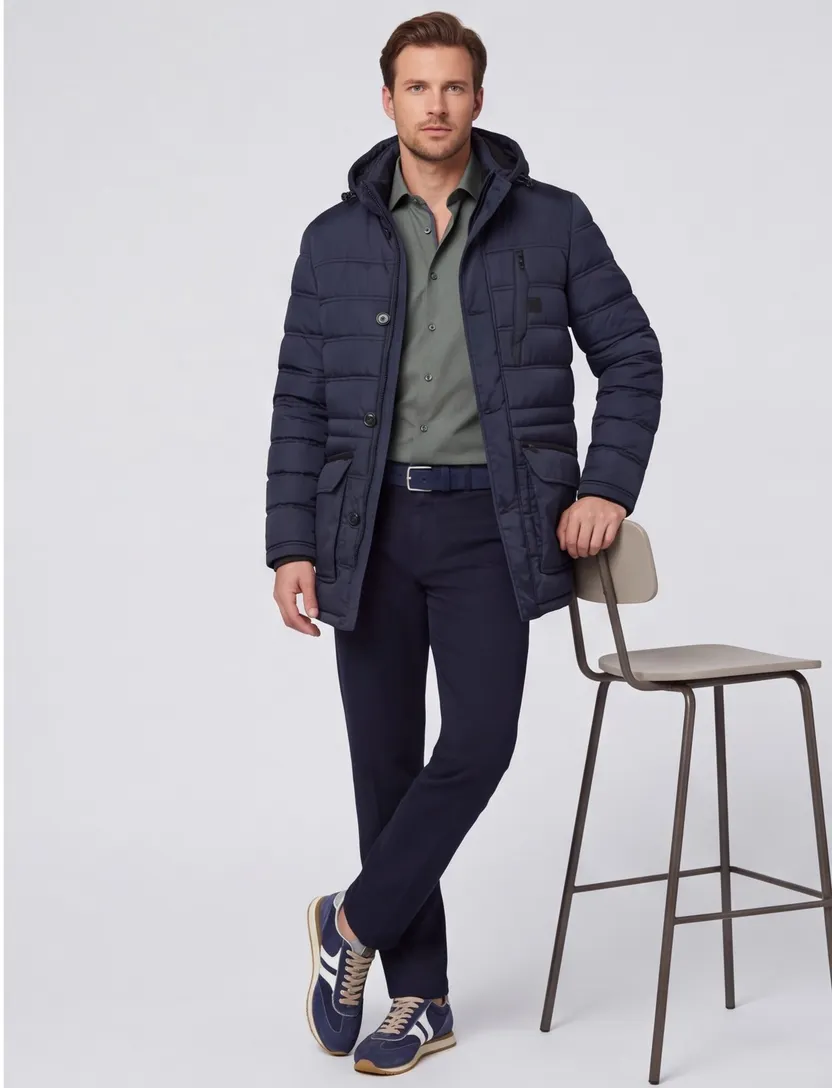 Bugatti lange winterjas donkerblauw effen rits + knoop wijde fit