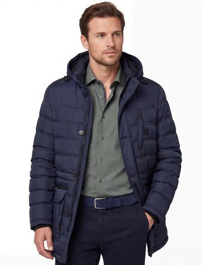 Bugatti Bugatti lange winterjas donkerblauw effen rits + knoop wijde fit