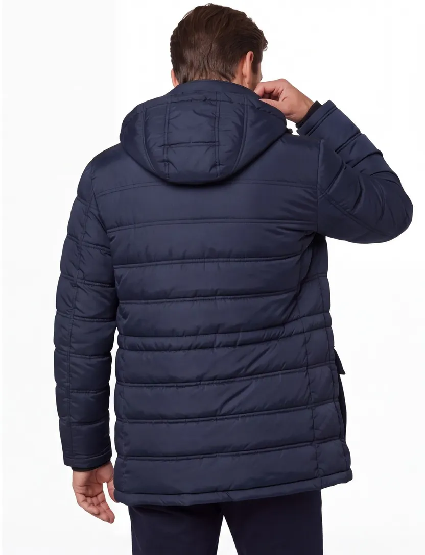Bugatti lange winterjas donkerblauw effen rits + knoop wijde fit