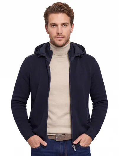 Bugatti Bugatti vest donkerblauw opstaande kraag met rits wijde fit katoen
