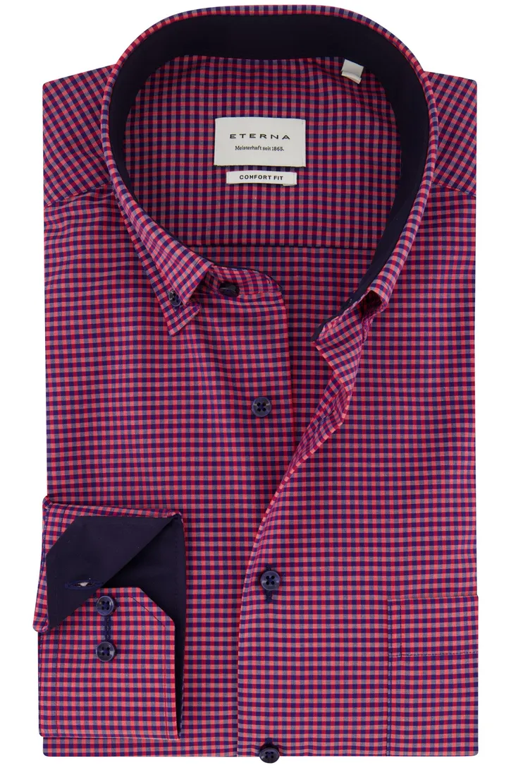 Eterna casual overhemd Comfort Fit roze blauw geruit katoen