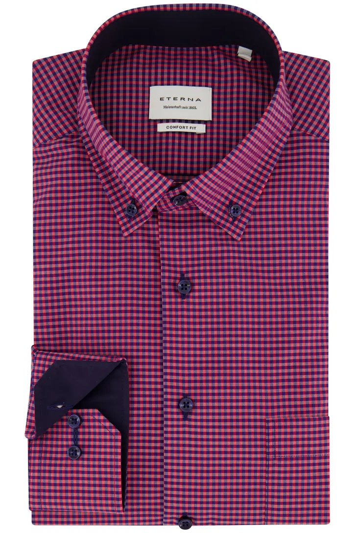 Eterna casual overhemd Comfort Fit roze blauw geruit katoen