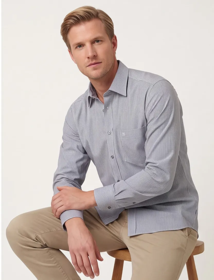 business overhemd Casa Moda normale fit donkerblauw wit gestreept katoen