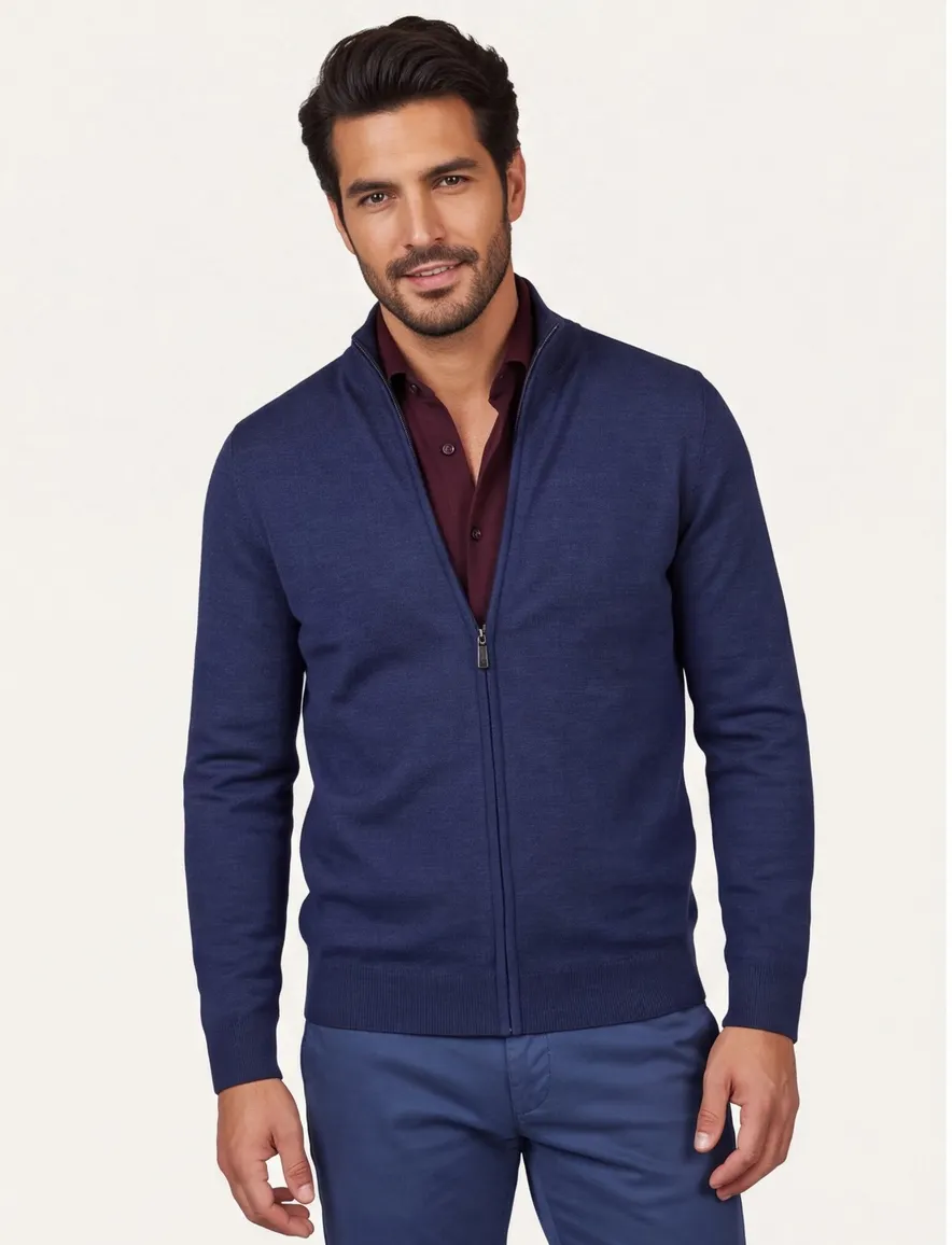 Wollen Portofino vest opstaande kraag donkerblauw