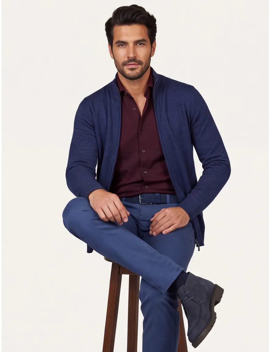 Wollen Portofino vest opstaande kraag donkerblauw