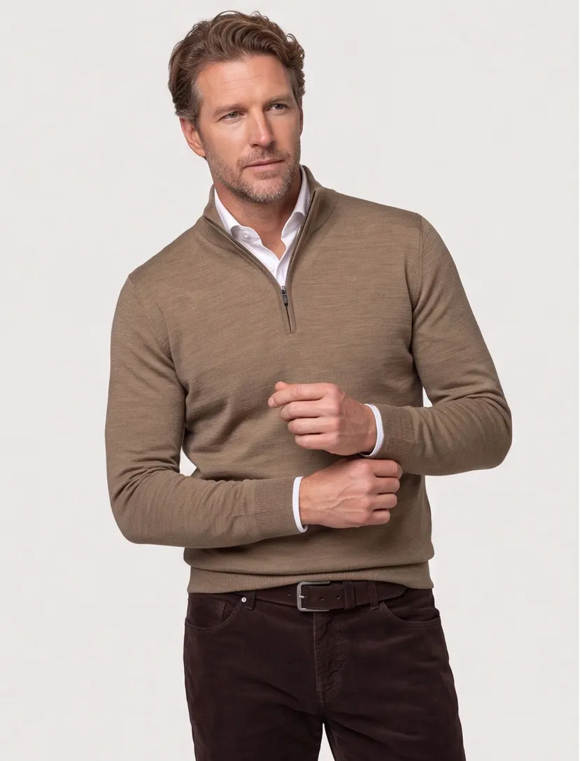 Wollen Portofino trui opstaande kraag beige