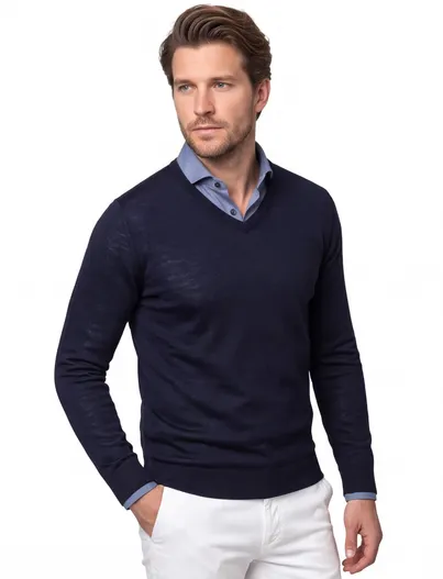 Portofino Portofino trui donkerblauw wol v-hals