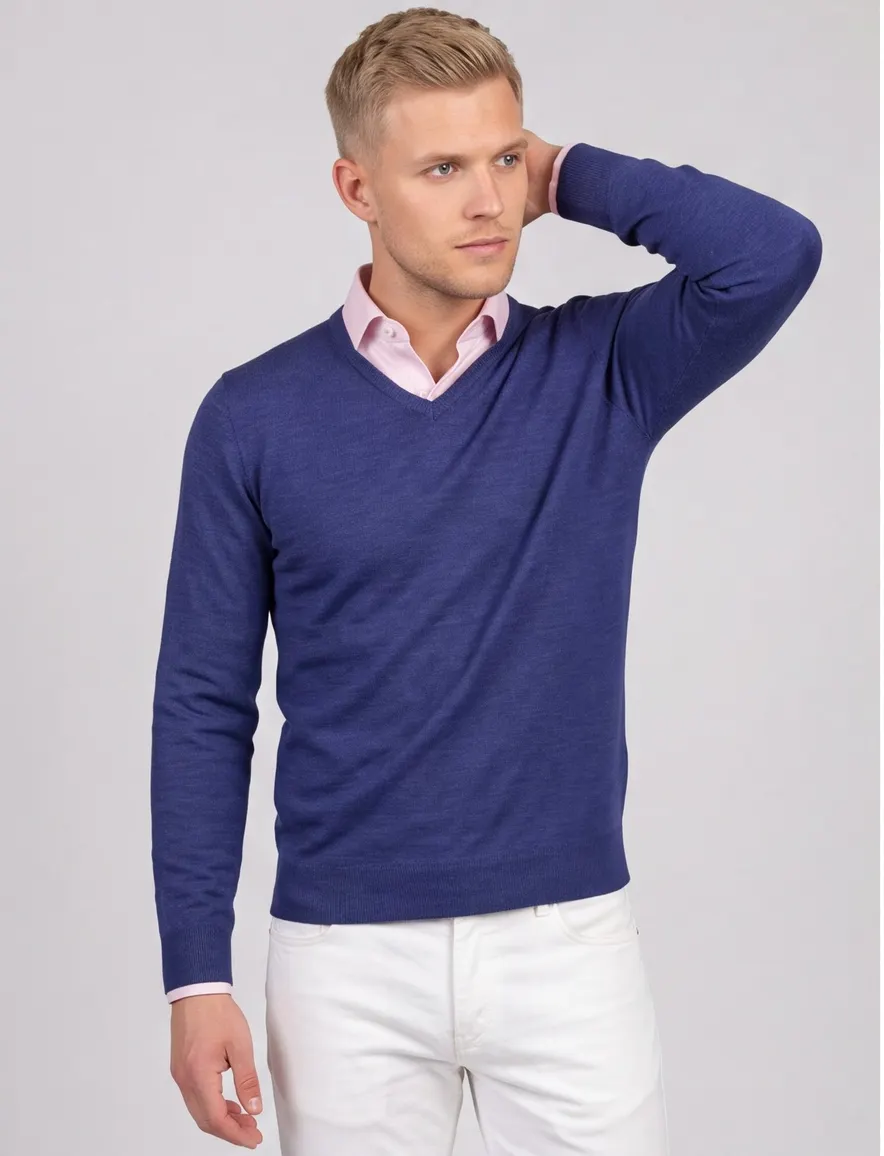 Portofino trui blauw extra long wol v-hals