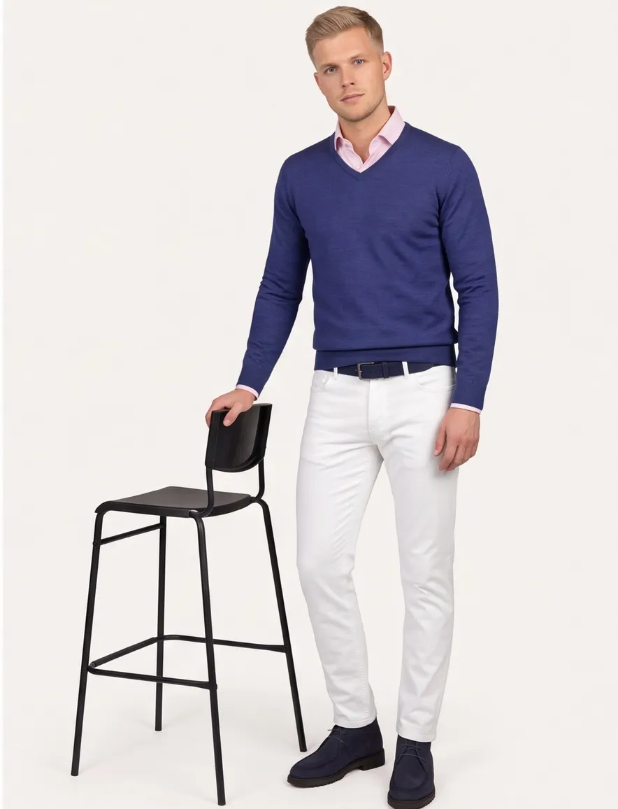 Portofino trui blauw extra long wol v-hals