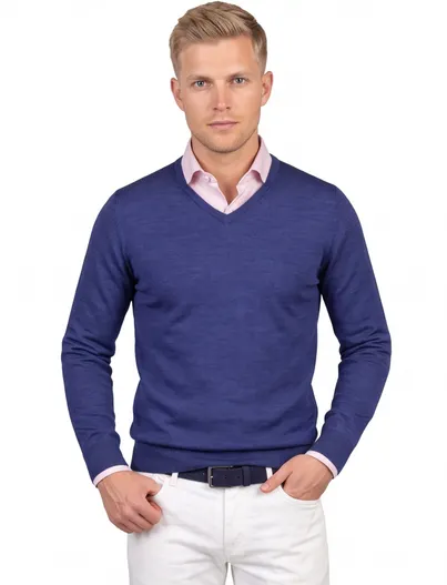 Portofino Portofino blauwe v-hals trui extra long wol